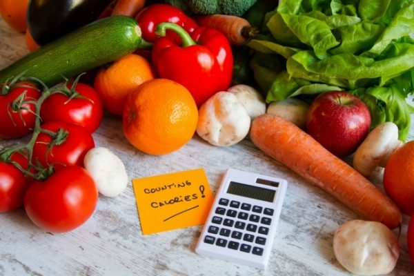 picture of vegetables and a calories card