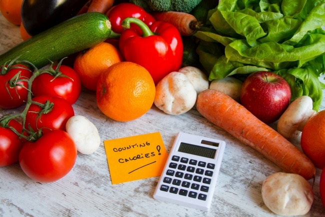 picture of vegetables and a calories card