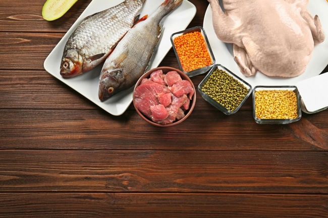 photo of lean proteins, fish, chicken, red meat on a table